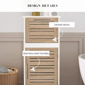 "Design details callout showing vented louvered doors and stainless steel bar handles on oak cabinet"