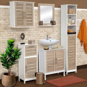 "Full white and oak louvered bathroom furniture set with wall cabinet, floor cabinet, under-sink unit, mirror, and tall shelving against brick wall"