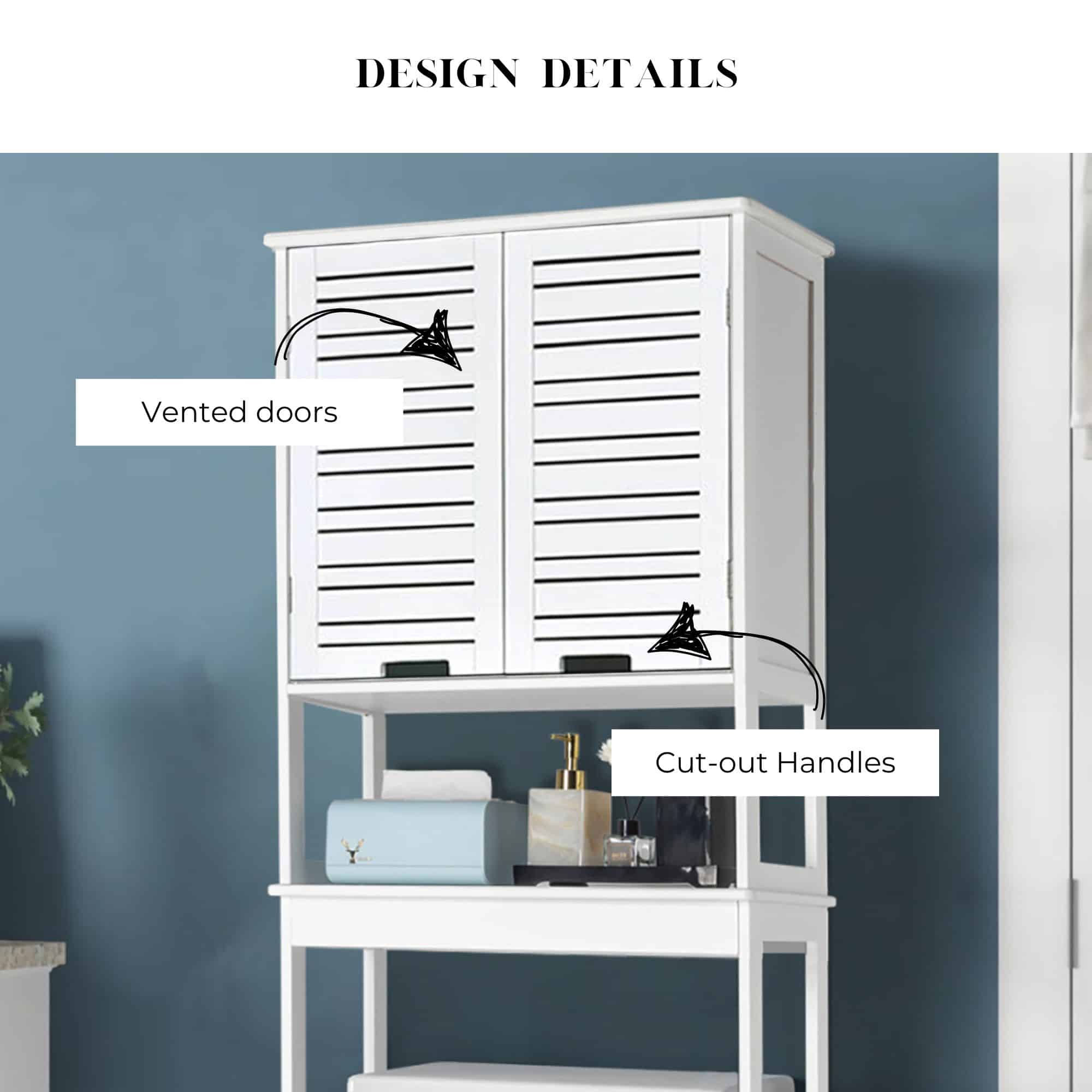 “Close-up of white over-the-toilet cabinet showing vented doors and cut-out handles”