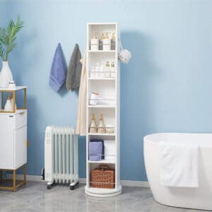 Stylish Storage Cabinet in a Modern Bathroom Setting - A modern bathroom setup featuring the rotating cabinet, showcasing its versatility and aesthetic appeal next to a bathtub and other contemporary decor elements.