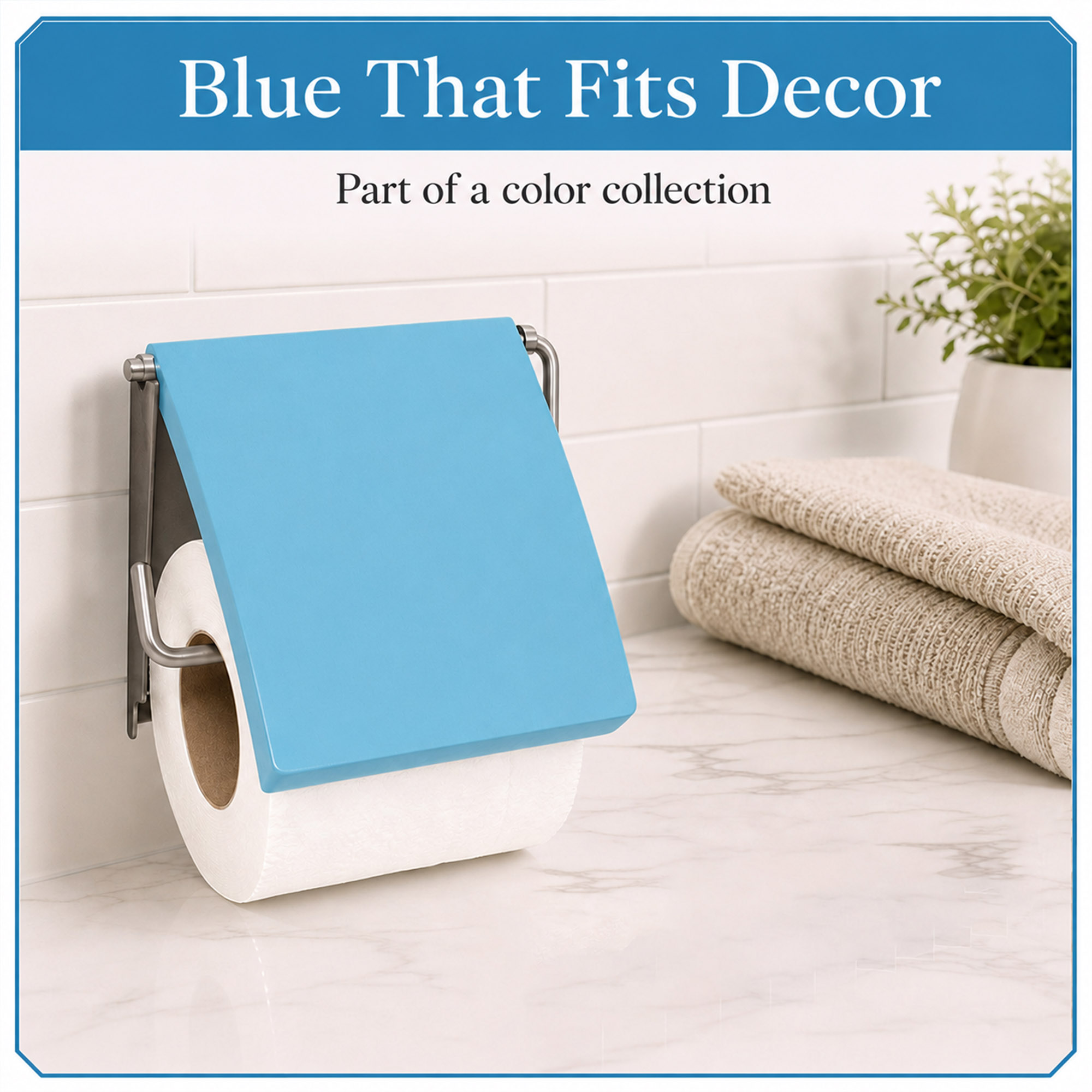 Aqua Blue cover toilet paper holder mounted on white subway tile holding a white roll under a flip-up blue cover, styled with towels and a plant. "Blue That Fits Decor" / "Part of a color collection".