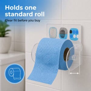 Street Art clear acrylic toilet paper holder on tile holding a blue roll. "Holds one standard roll" / "Clear fit before you buy" with a roll icon and width arrow.