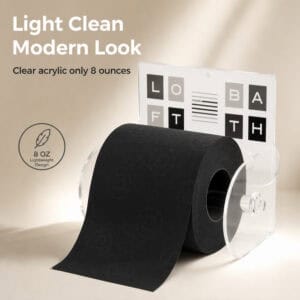 Loft Bath clear acrylic toilet paper holder on a beige background holding a black roll. "Light Clean Modern Look" / "Clear acrylic only 8 ounces", with an "8 oz Lightweight Design" badge.