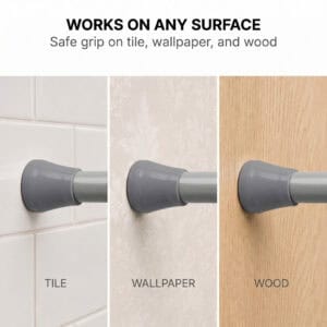 Tension curtain rod works on any surface, safe grip on tile, wallpaper, and wood walls without drilling