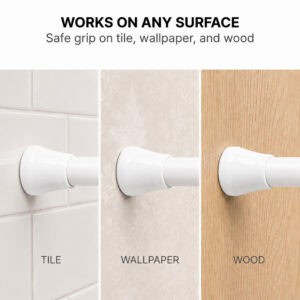 Tension curtain rod works on any surface, safe grip on tile, wallpaper, and wood walls without drilling