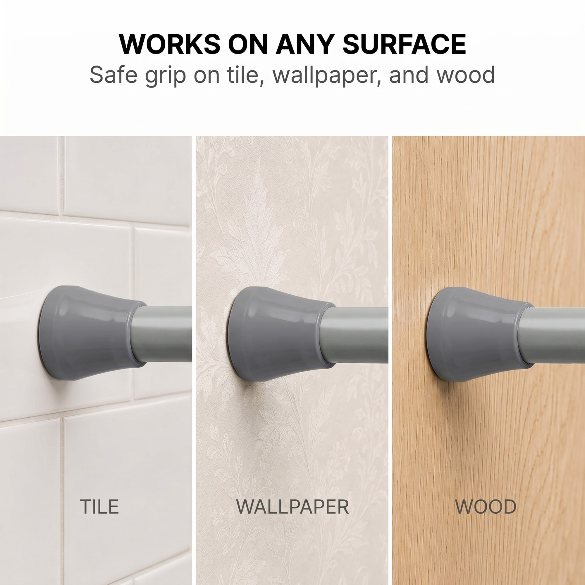 Chrome tension shower curtain rod works on any surface safe grip on tile wallpaper and wood walls without damage