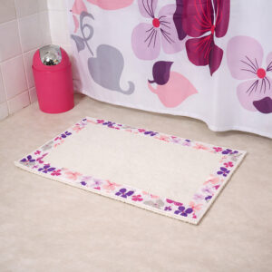Purple floral bathroom mat with matching shower curtain