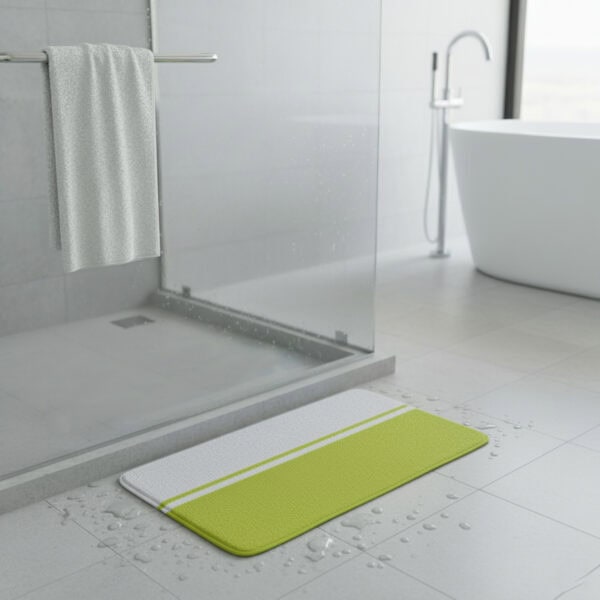 Green and white striped memory foam bath mat on wet bathroom floor beside glass shower
