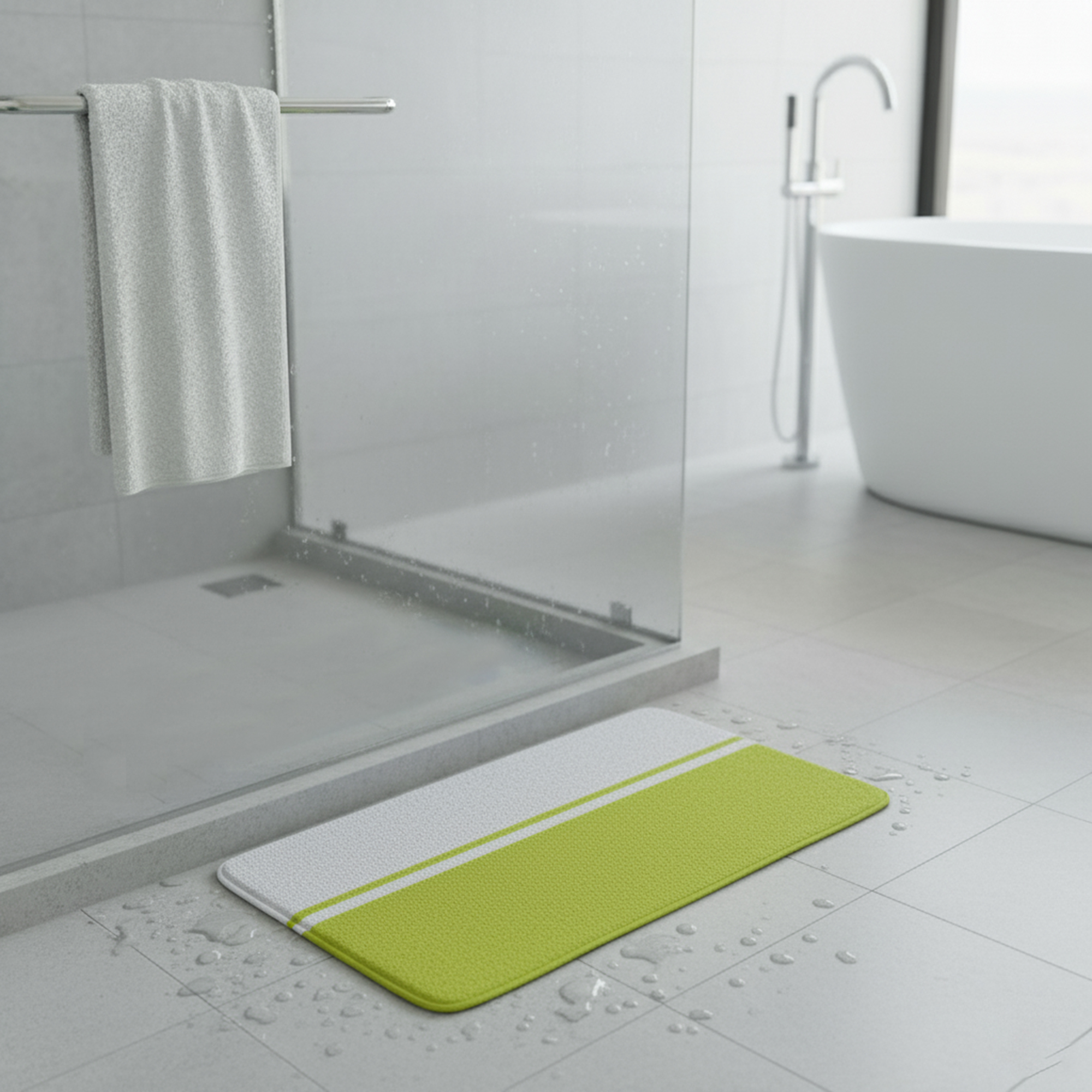 Green and white striped memory foam bath mat on wet bathroom floor beside glass shower