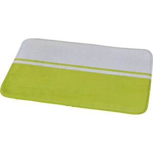 Product view of green and white memory foam bath mat with rounded corners