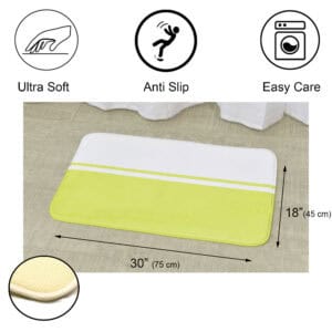 Bath mat dimensions and features diagram showing 30"L x 18"W size with ultra soft, anti-slip, and easy care icons