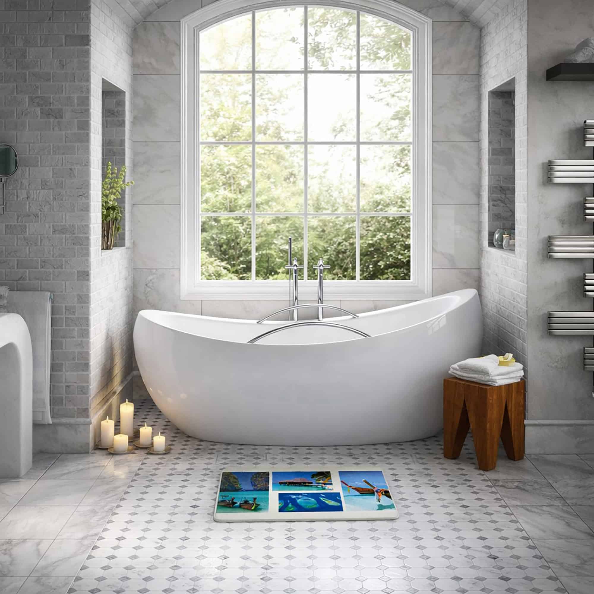 Bath mat with tropical paradise photo collage in luxury bathroom with freestanding tub and arched window