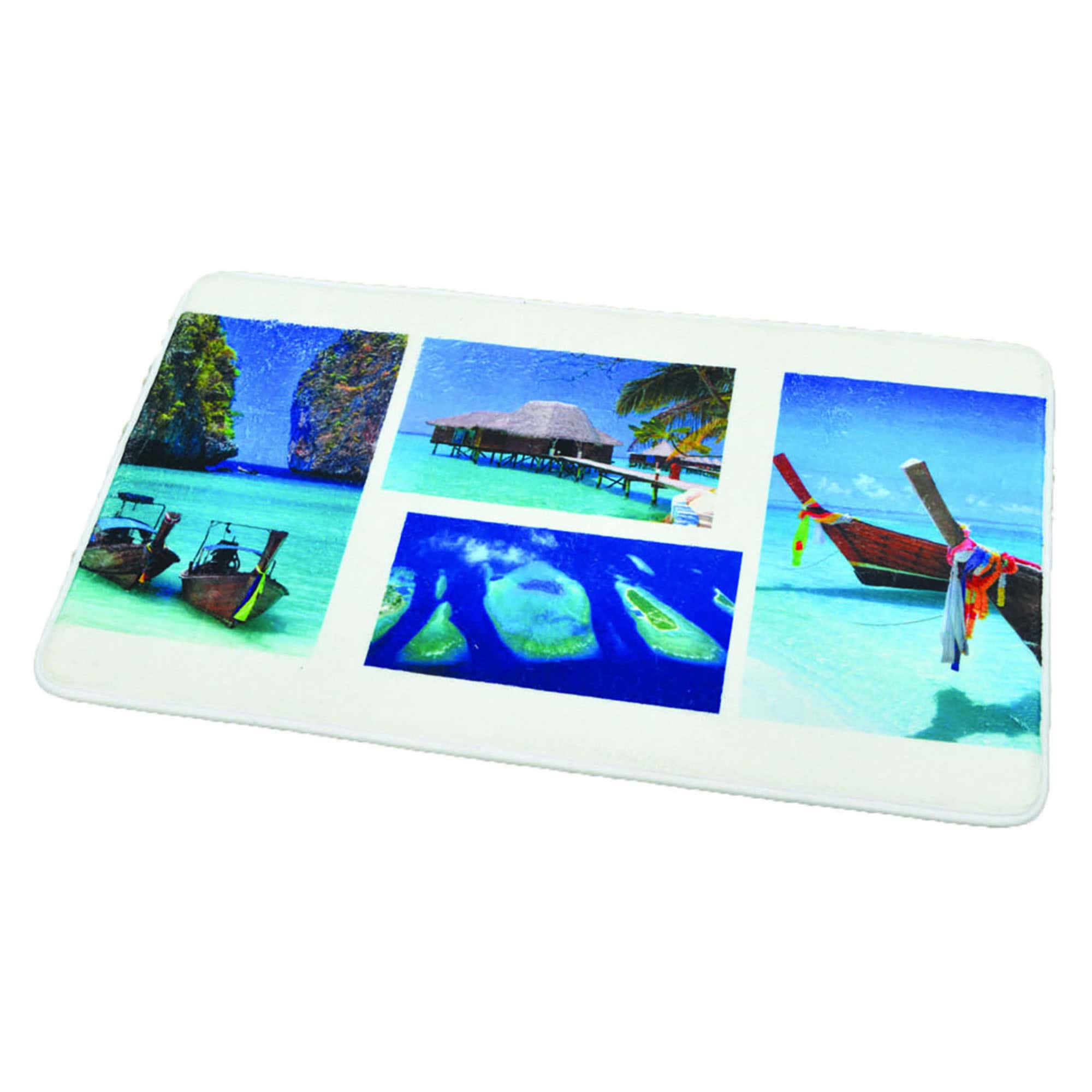 Product view of memory foam bath mat with five tropical beach photo prints on white background