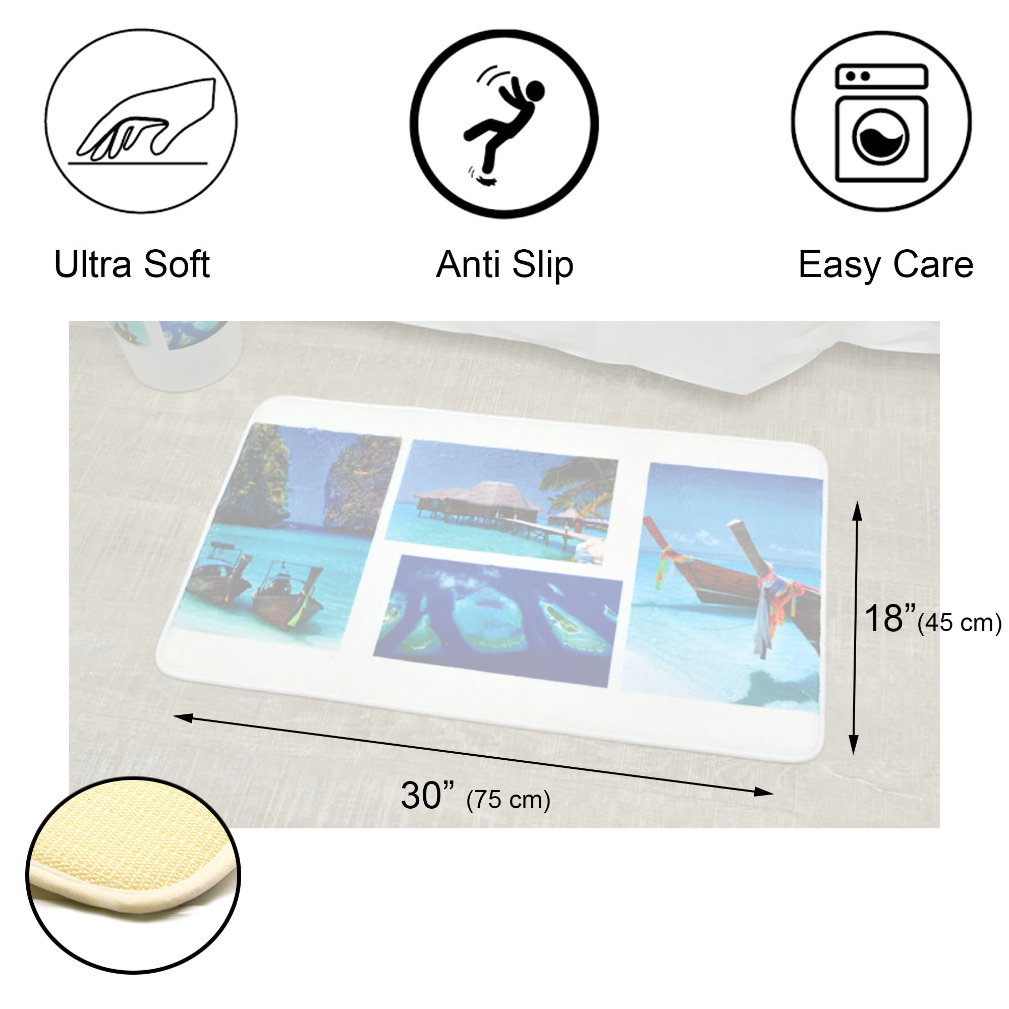Bath mat dimensions and features diagram showing 30"L x 18"W size with ultra soft, anti-slip, and easy care icons