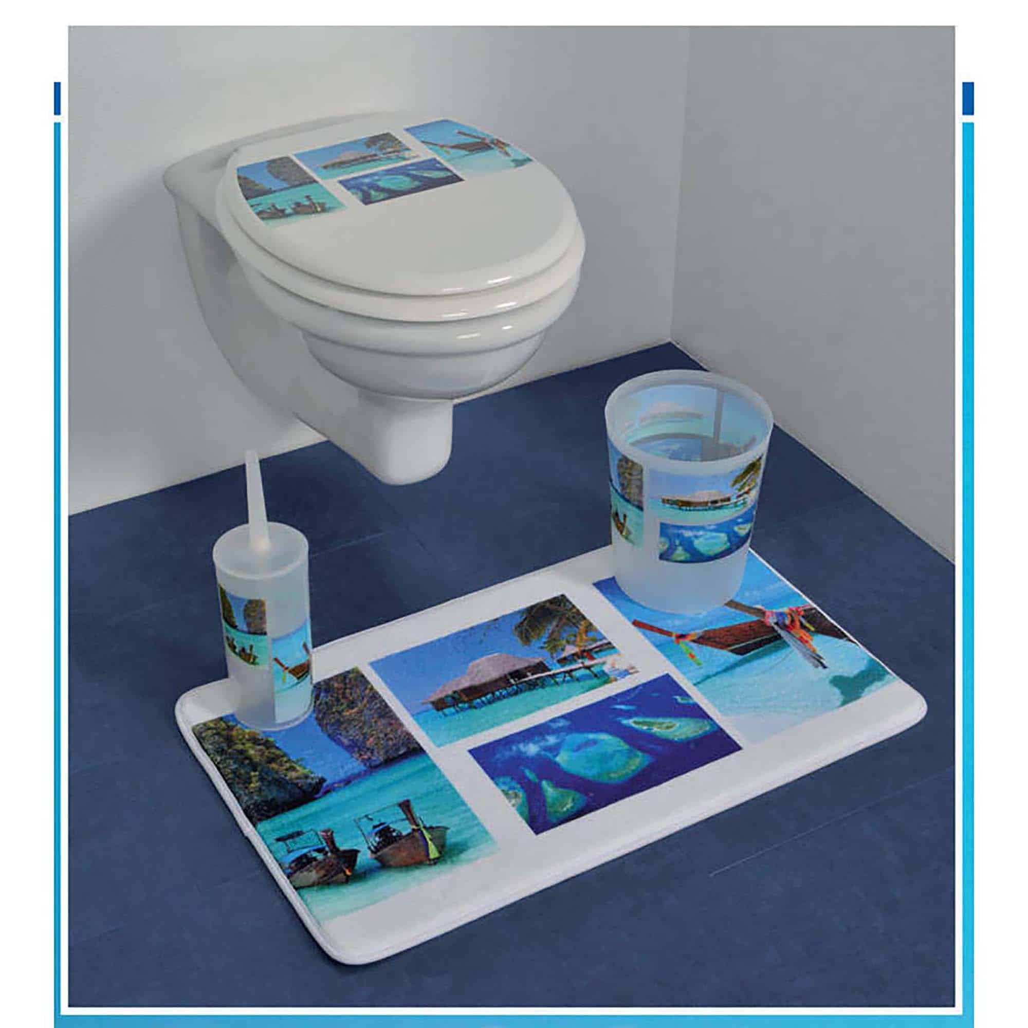 Paradise print bath set including contour mat, standard mat, toilet lid cover, and wastebasket with matching tropical imagery