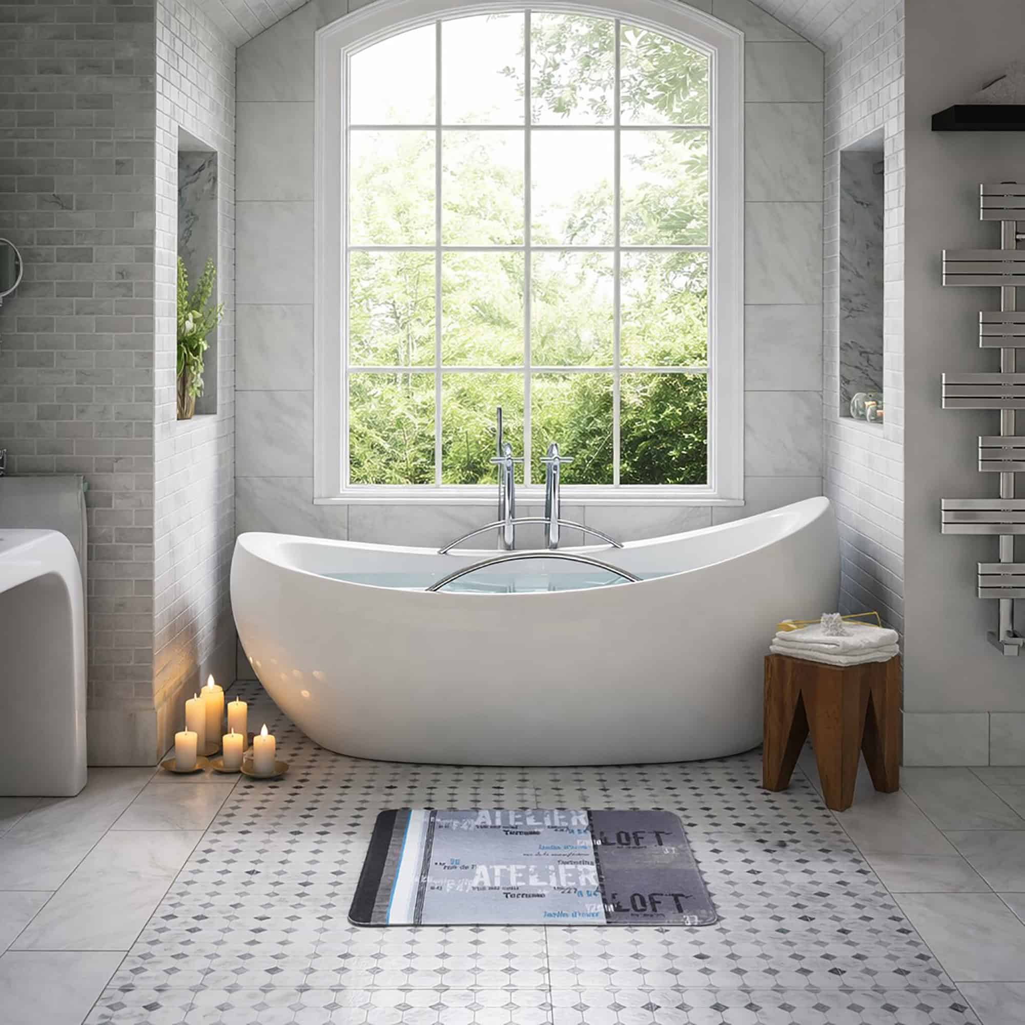 Atelier Loft print bath mat in front of white freestanding tub in luxury bathroom with arched window