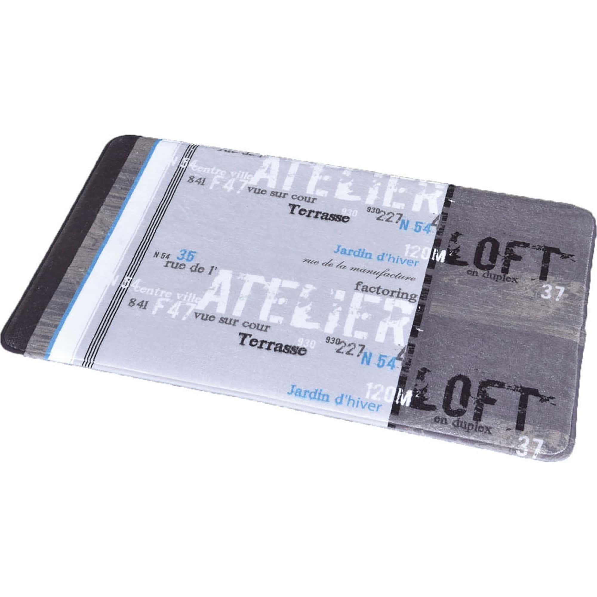 Product view of memory foam bath mat with industrial loft-style French typography design in grey and white