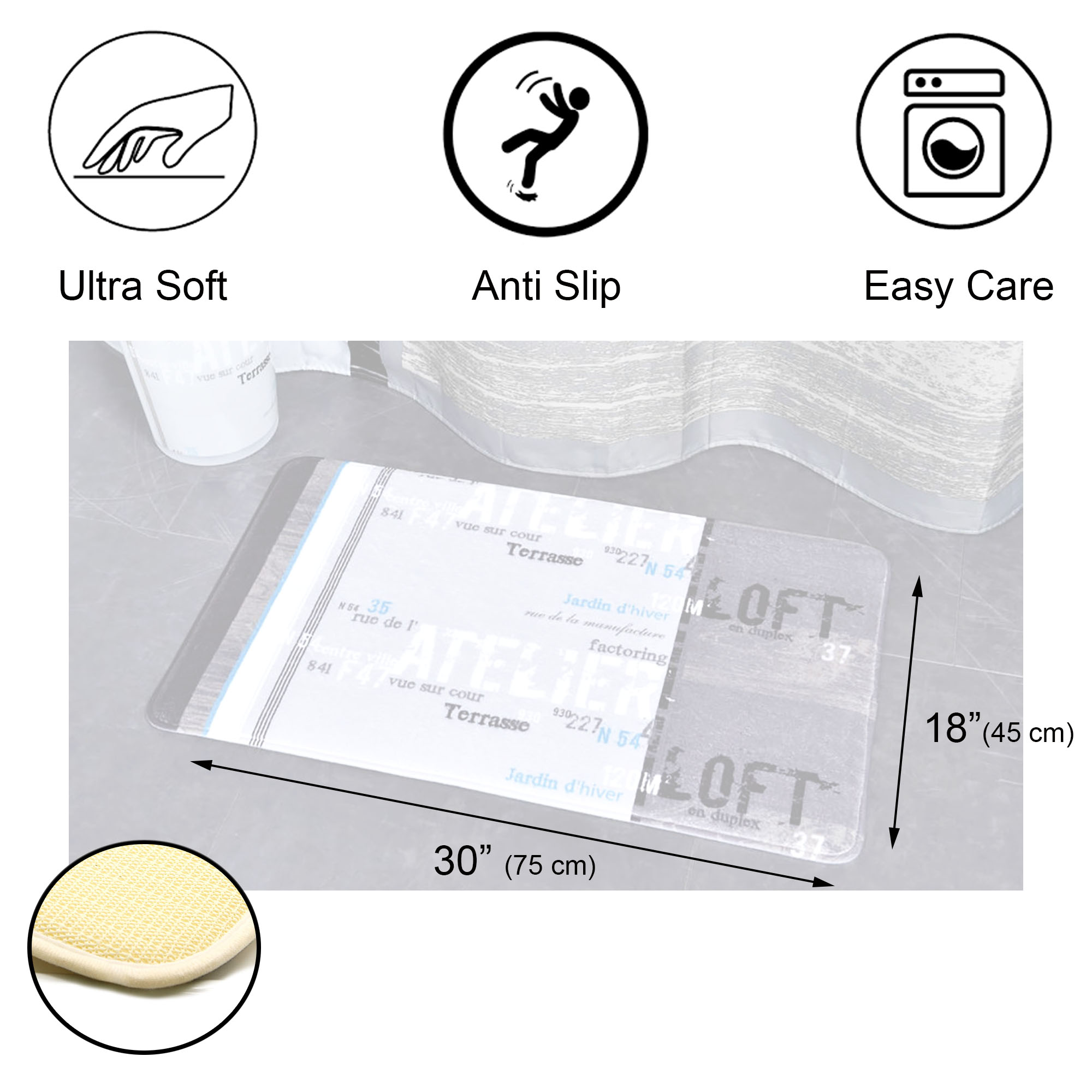 Bath mat dimensions and features diagram showing 30"L x 18"W size with ultra soft, anti-slip, and easy care icons