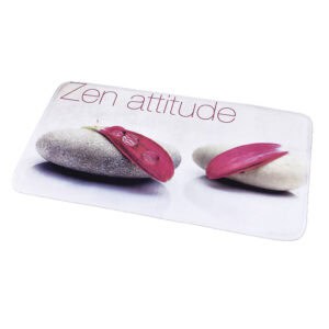 "Memory foam bath mat with 'Zen attitude' print featuring spa stones and pink flower petals, isolated on white"