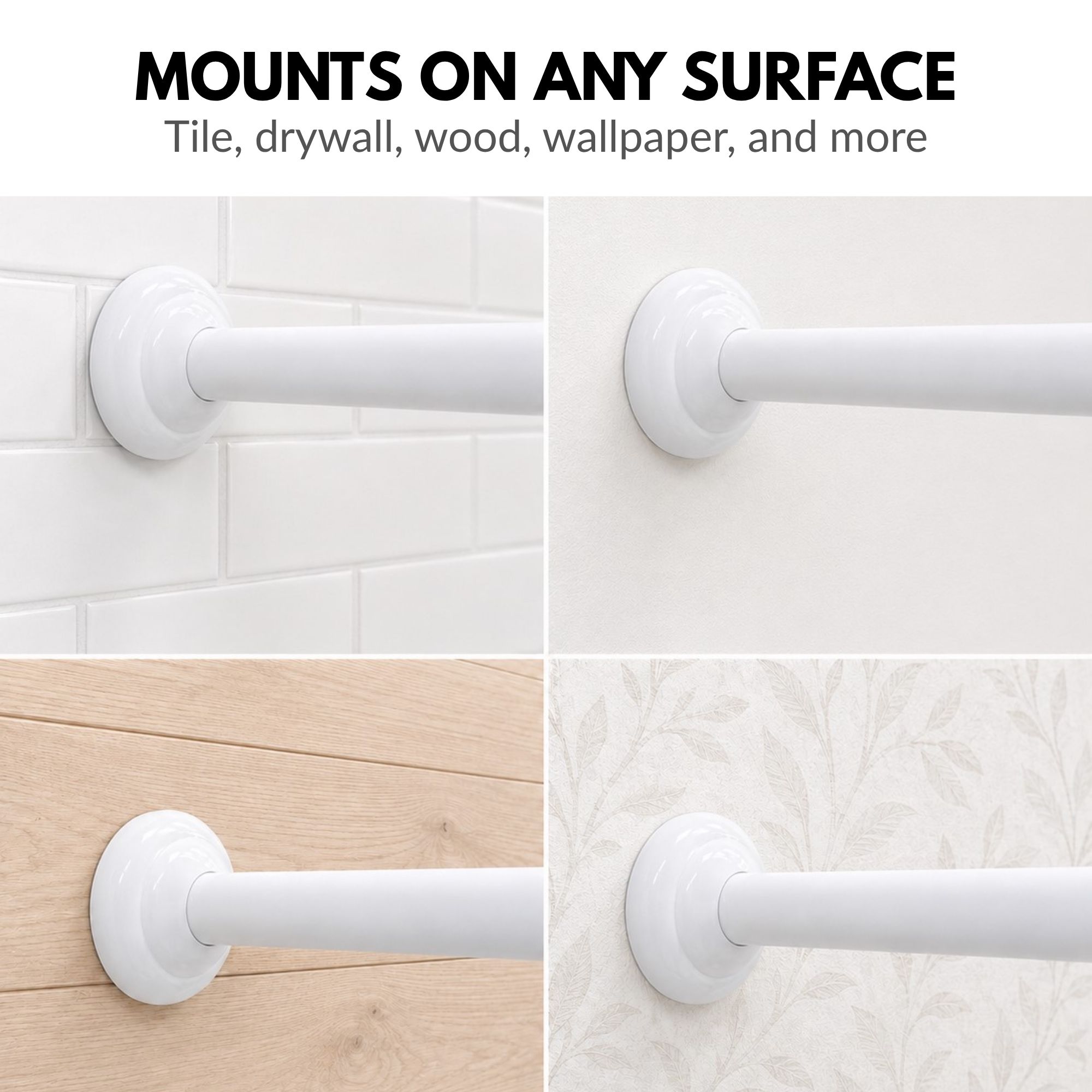 Shower rod wall flange mounted on four different surfaces: ceramic tile, drywall, wood paneling, and wallpaper