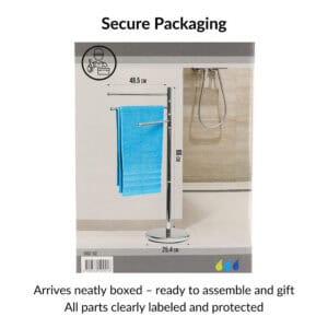 "Product packaging showing chrome towel rack with dimensions 48.5cm x 86cm x 25.4cm"