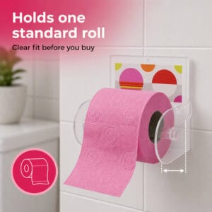 Eclats clear acrylic toilet paper holder on tile holding a pink roll. "Holds one standard roll" / "Clear fit before you buy" with a roll icon and width arrow.