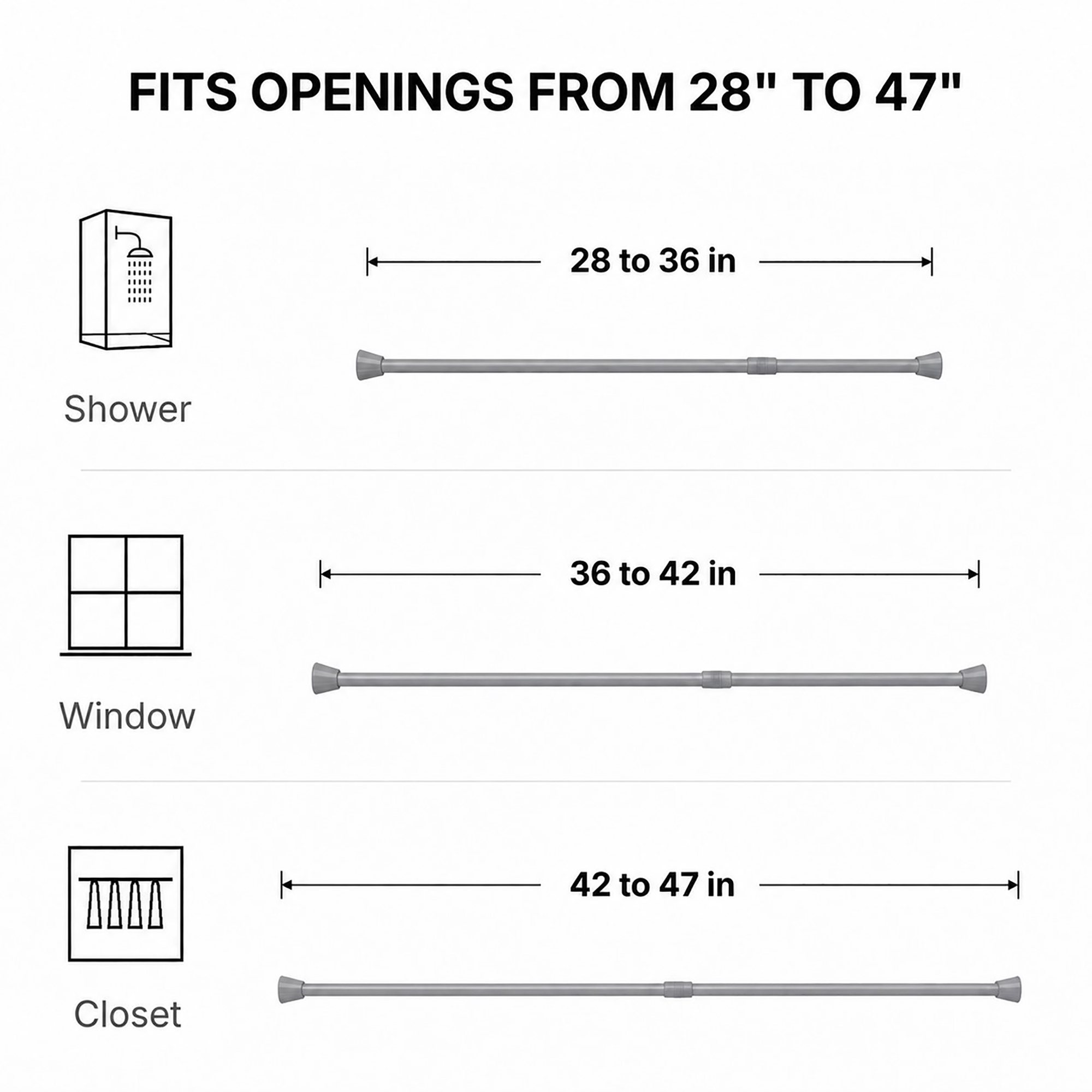 Chrome tension shower curtain rod size guide fits openings from 28 to 47 inches ideal for small shower window and closet spaces