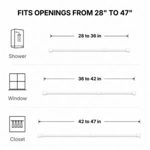 White tension shower curtain rod size guide fits openings from 28 to 47 inches ideal for small shower window and closet spaces