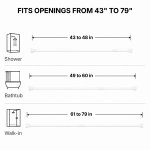 Adjustable white tension rod fits openings from 43 to 79 inches, shower stall, bathtub, and walk-in shower