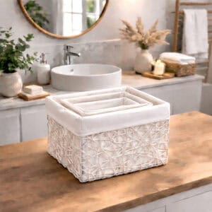 Three white paper rope baskets nested inside the largest basket, displayed empty on a wooden bathroom vanity countertop.