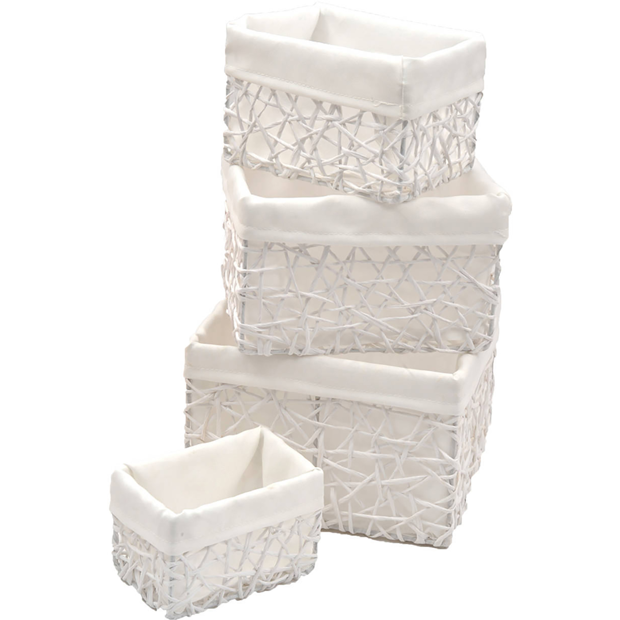 Set of four white paper rope storage baskets with white linen liners in graduated sizes, stacked on a white background.