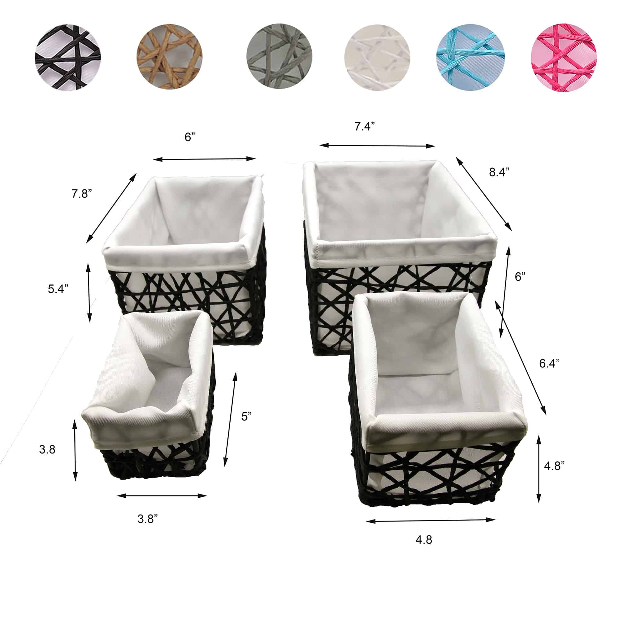 Size dimension chart for all four baskets with available color swatches: black, natural, gray, white, blue, and pink. Sizes range from 3.8"x3.8"x5"H to 7.4"x8.4"x6"H.