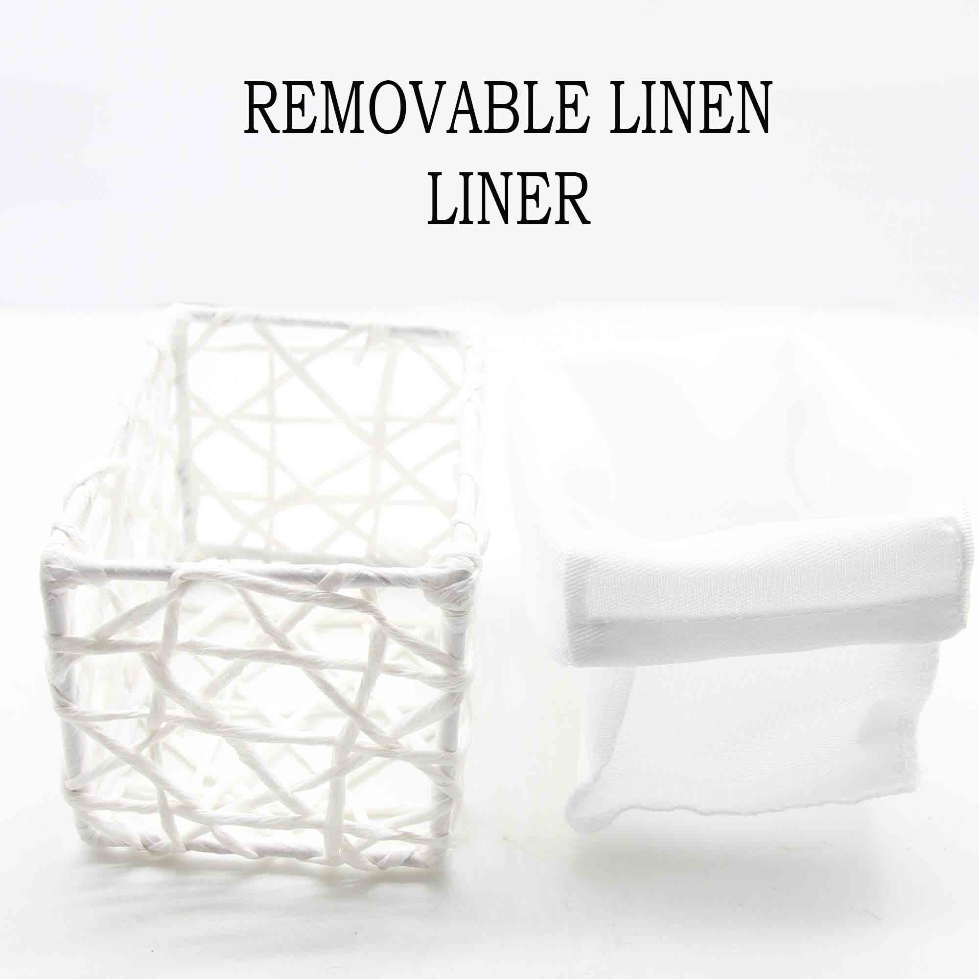 Product feature graphic showing a white paper rope basket with its removable white linen liner displayed separately beside it.