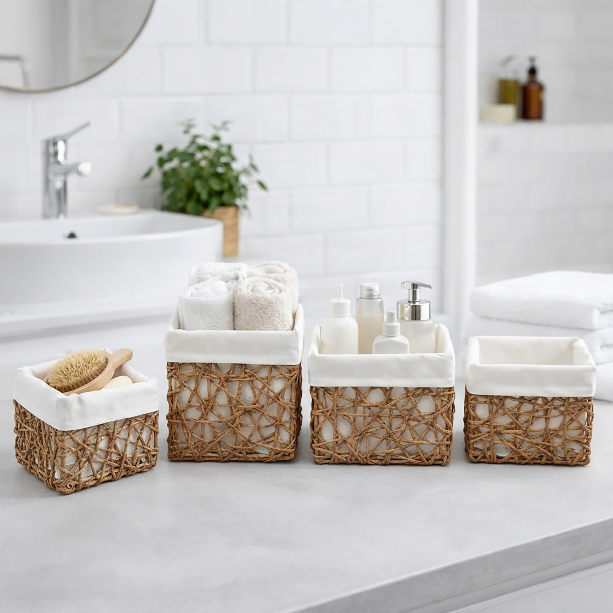 Four natural beige paper rope baskets with linen liners displayed on a bathroom countertop filled with bath brushes, rolled towels, and skincare bottles.