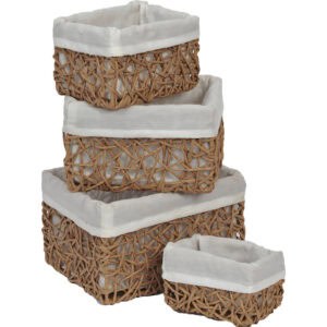 Set of four natural beige paper rope storage baskets with white linen liners in graduated sizes, stacked on a white background.