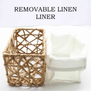 Product feature graphic showing a natural beige paper rope basket with its removable white linen liner displayed separately beside it.