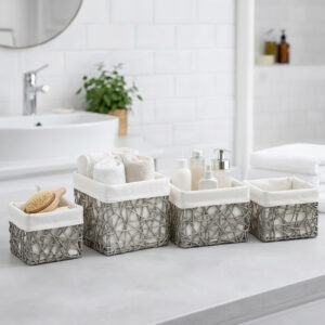 Four gray paper rope baskets with linen liners displayed on a bathroom countertop filled with bath brushes, rolled towels, and skincare bottles.