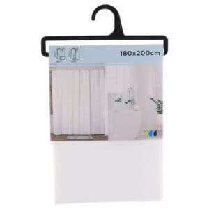 Packaged white shower curtain with product label