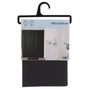 Packaged black shower curtain with product label