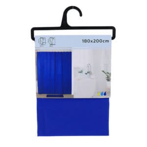 Packaged navy blue shower curtain with product label
