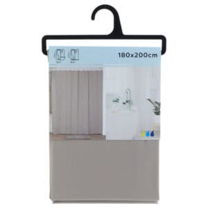 Packaged taupe shower curtain with product label