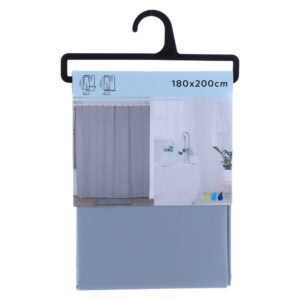 Packaged gray shower curtain with product label