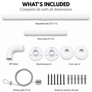 Complete shower rod kit contents: adjustable tube 37-71 in, short tube 31.5 in, 90 elbow, mounting bases, cover caps, ceiling cable 17 in, screws and anchors