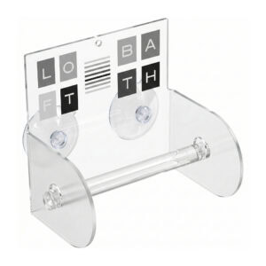 Loft Bath clear acrylic toilet paper holder, studio product view on white showing the rod, suction cups, and "LOFT BATH" lettered tile graphic insert.