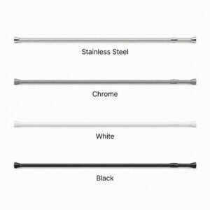 Tension shower curtain rod available in 4 finishes, stainless steel, chrome, white, and black, 43 to 79 inches