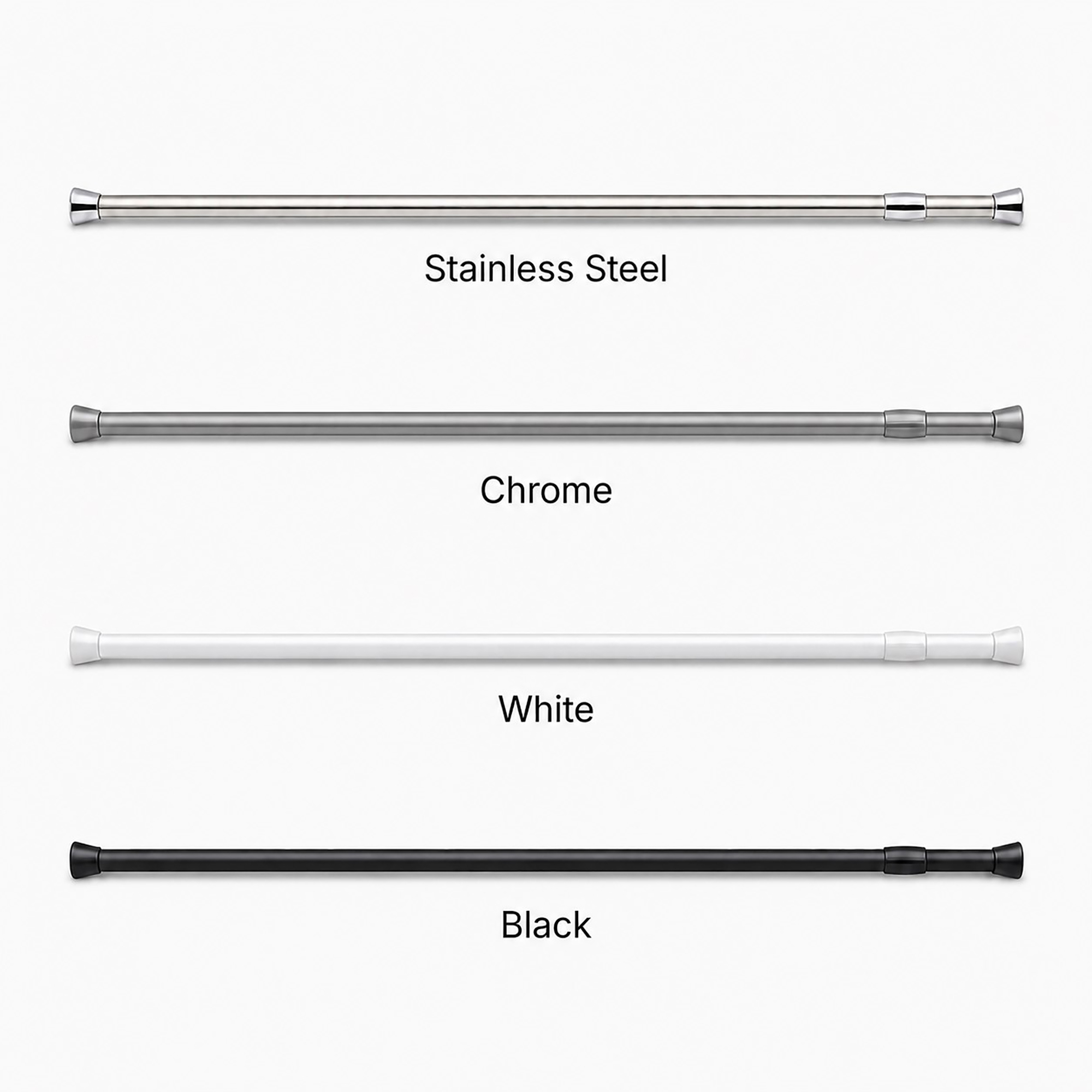 Chrome tension shower curtain rod available in 4 colors stainless steel chrome white and black matte finish for any bathroom decor