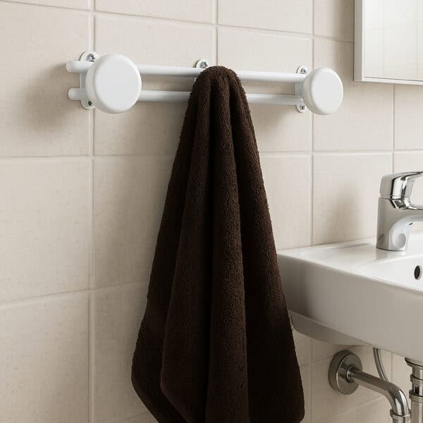 Image 4: White wall-mounted hook rail with 3 round disc hooks, holding a dark brown towel on a beige tiled bathroom wall beside a sink.