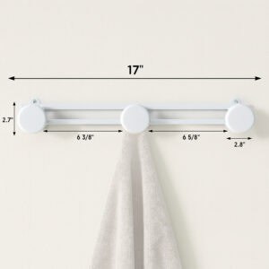 Image 5: Dimension infographic of the white wall-mounted hook rail showing measurements: 17" wide x 2.7" tall x 2.8" deep, with hooks spaced 6 3/8" and 6 5/8" apart.