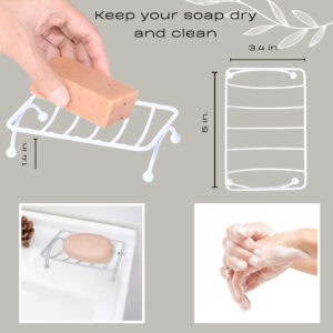 Product dimensions diagram showing 5 inch by 3.4 inch soap dish with drainage features