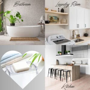 Collage showing soap dish uses in bathroom, laundry room, and kitchen settings